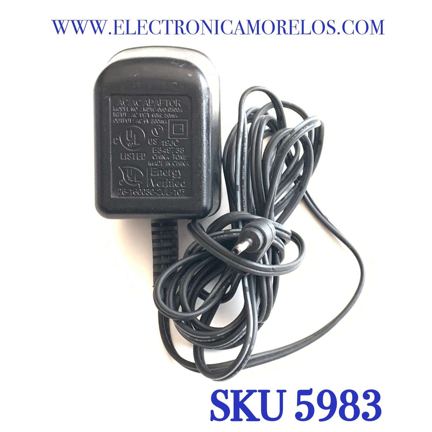 CARGADOR / ADAPTADOR DE FUENTE DE ALIMENTACION AC/AC / NUMERO DE PARTE KU1C-060-0300A / E349738 / 19JC / ENTRADA VCA 117V 60HZ 50MA / SALIDA VCD 6V 300MA / MODELO KU1C-060-0300A